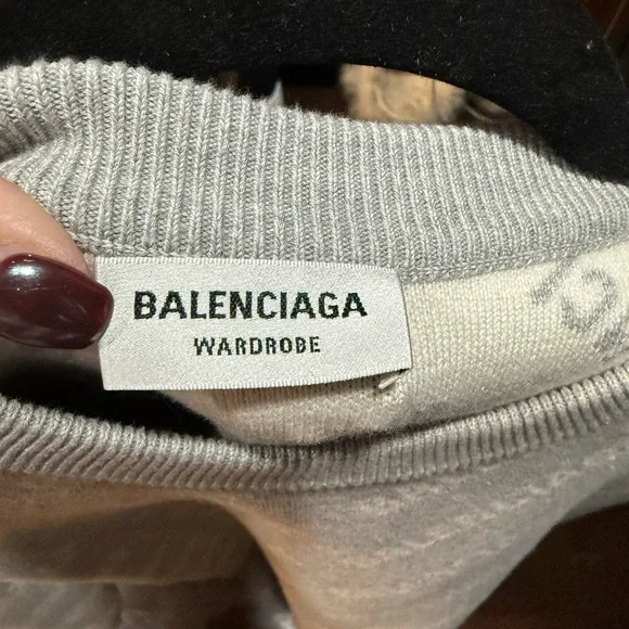 Balenciaga Gray Crew Neck Sweater with Repeated Logo Print